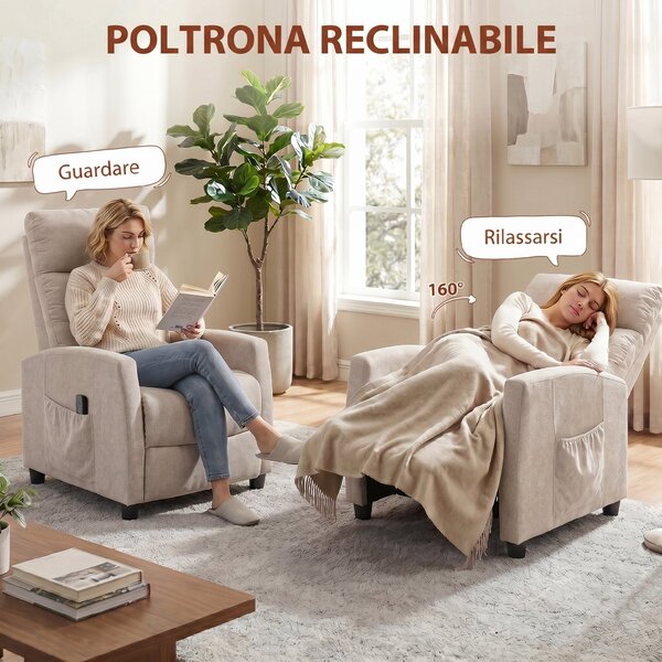 HOMCOM Poltrona Massaggiante con Poggiapiedi, Reclinabile Manuale 160° in Ciniglia con Telecomando e Tasche, Crema | Aosom Italy