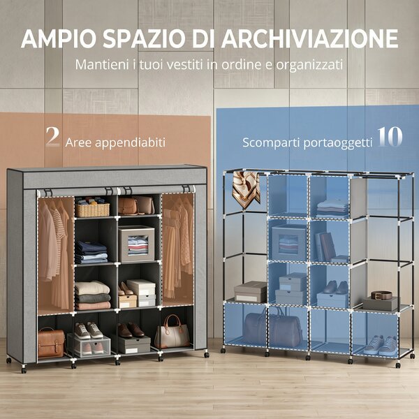 HOMCOM Armadio Portatile in Tessuto non Tessuto e Acciaio con Ruote, 10 Scomparti e 2 Barre Appendiabiti, Grigio Scuro | Aosom Italy