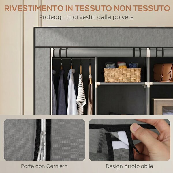 HOMCOM Armadio Portatile in Tessuto non Tessuto e Acciaio con Ruote, 10 Scomparti e 2 Barre Appendiabiti, Grigio Scuro | Aosom Italy