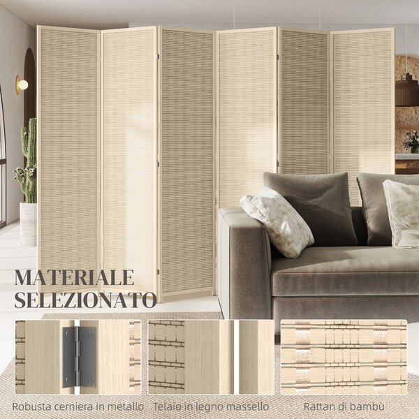 HOMCOM Paravento da Interno a 6 Ante Pieghevole in Legno e Bambù Altezza 180cm, Colore Naturale | Aosom Italy