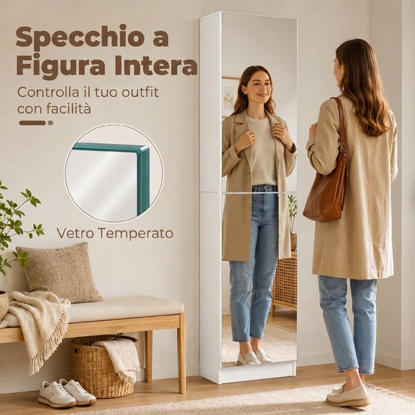 HOMCOM Scarpiera 5 Ripiani, Ante Reversibili, Chiusura Ammortizzata, Specchio, Colore Bianco. | Aosom Italy