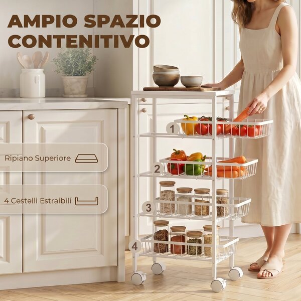 HOMCOM Carrello in metallo a 4 ripiani con cestelli estraibili, Bianco | Aosom Italy