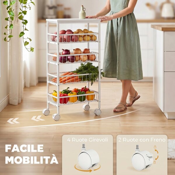 HOMCOM Carrello in metallo a 4 ripiani con cestelli estraibili, Bianco | Aosom Italy