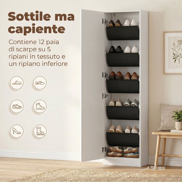 HOMCOM Scarpiera 5 Ripiani, Ante Reversibili, Chiusura Ammortizzata, Specchio, Colore Bianco. | Aosom Italy