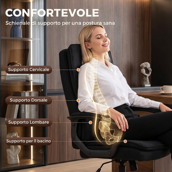 HOMCOM Sedia Ufficio Ergonomica in Tessuto Effetto Lino, Altezza Regolabile, Funzione Dondolo, Capacità 120 kg, Nero | Aosom Italy