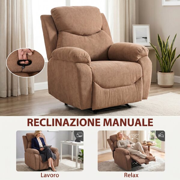 HOMCOM Poltrona Reclinabile Manuale in Tessuto Effetto Lino con Poggiapiedi e Braccioli Imbottiti, Marrone Scuro | Aosom Italy