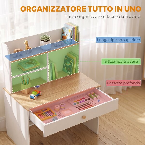 AIYAPLAY Scrivania per bambini 3-8 anni con ripiani e cassetto, bianco | Aosom Italy