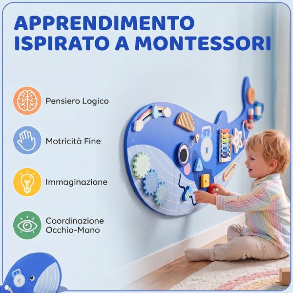 AIYAPLAY Montessori Busy Board in Legno per Bambini da 2 Anni, da Parete, a Tema Balena, Blu | Aosom Italy