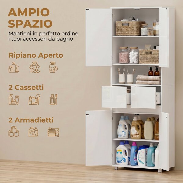 HOMCOM Mobile Alto da Bagno Slim Bianco Lucido con Cassetti e Ripiani | Aosom Italy