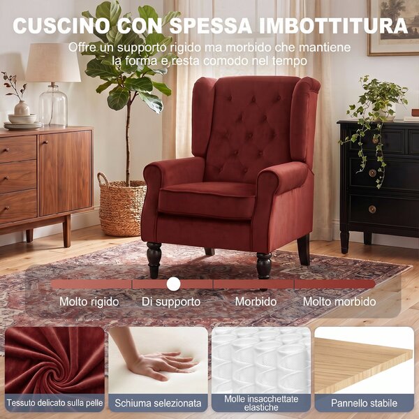 HOMCOM Poltrona Camera da Letto in Velluto di ghiaccio con Ampia Seduta e Gambe in Legno di Eucalipto, Rosso Vino | Aosom Italy