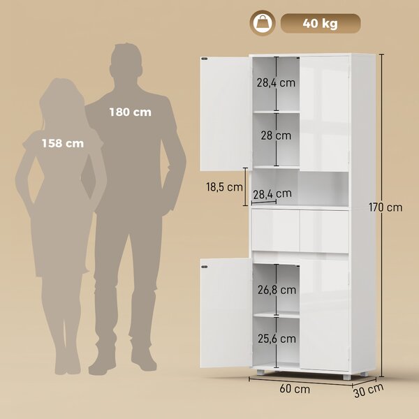 HOMCOM Mobile Alto da Bagno Slim Bianco Lucido con Cassetti e Ripiani | Aosom Italy