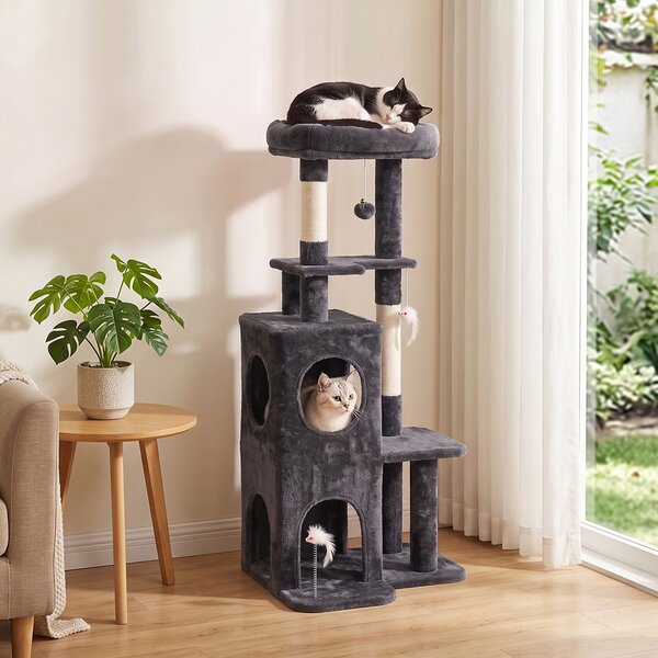 Albero Tiragraffi per Gatti 59x55x132 cm con Pali in Sisal Cuccia e Casetta in Truciolare e Peluche Grigio Scuro