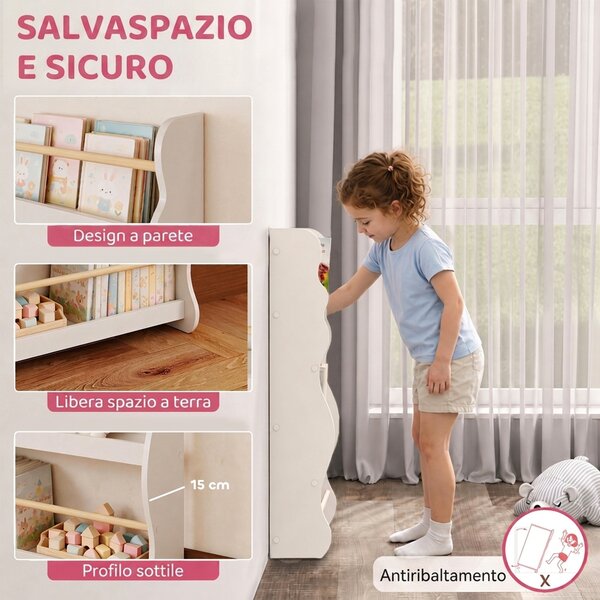 AIYAPLAY Libreria Montessoriana per Bambini 3-8 Anni a 3 Ripiani, 60x15x73 cm, per Cameretta, Bianco | Aosom Italy