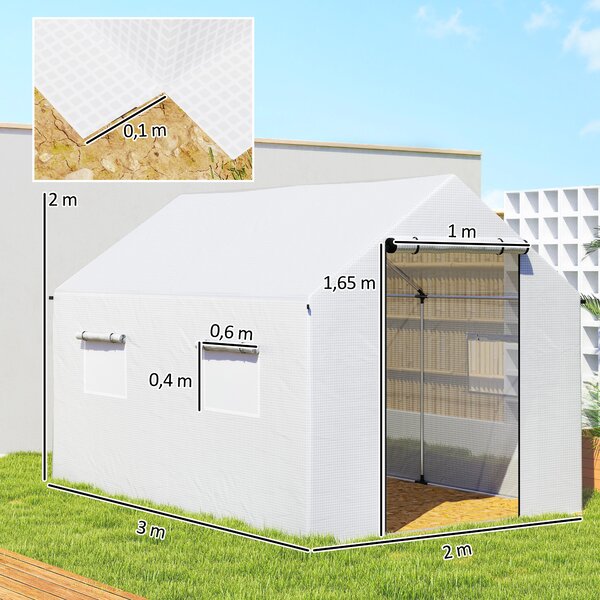 Outsunny Serra a Tunnel 2x3x2 m con Porte e Finestre Avvolgibili e Tetto a Punta, in Acciaio e PE, Bianco | Aosom Italy