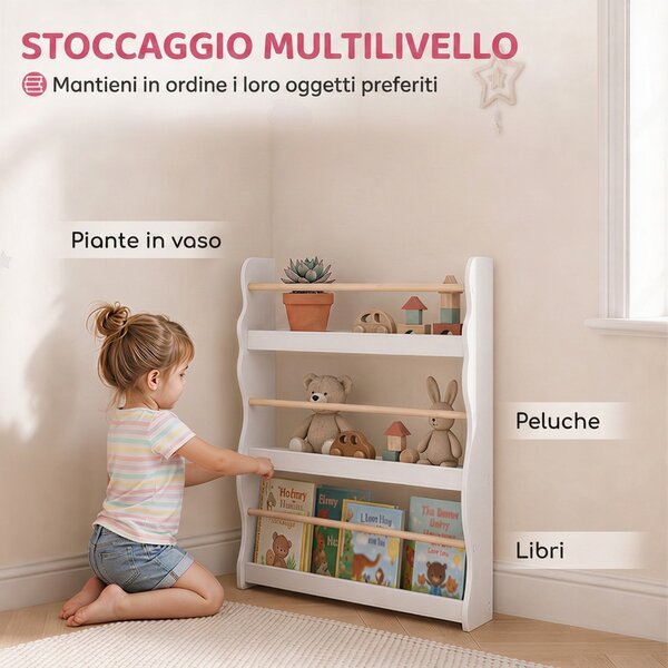 AIYAPLAY Libreria Montessoriana per Bambini 3-8 Anni a 3 Ripiani, 60x15x73 cm, per Cameretta, Bianco | Aosom Italy