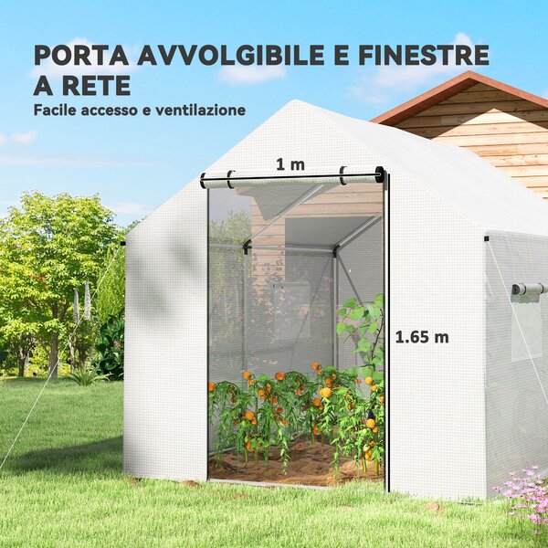 Outsunny Serra a Tunnel 2x3x2 m con Porte e Finestre Avvolgibili e Tetto a Punta, in Acciaio e PE, Bianco | Aosom Italy