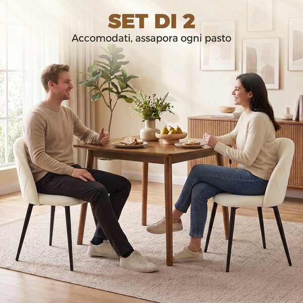 HOMCOM Set di 2 Sedie Sala da Pranzo con Schienale a Conchiglia e Gambe in Metallo, in Velluto, Crema | Aosom Italy