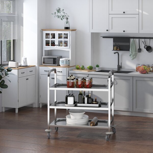 HOMCOM Carrello da Cucina 3 Ripiani e 4 Ruote con Freni Cuscinetti Anti-Collisione in Acciaio Inossidabile 430 Argento 85x45x90cm|Aosom