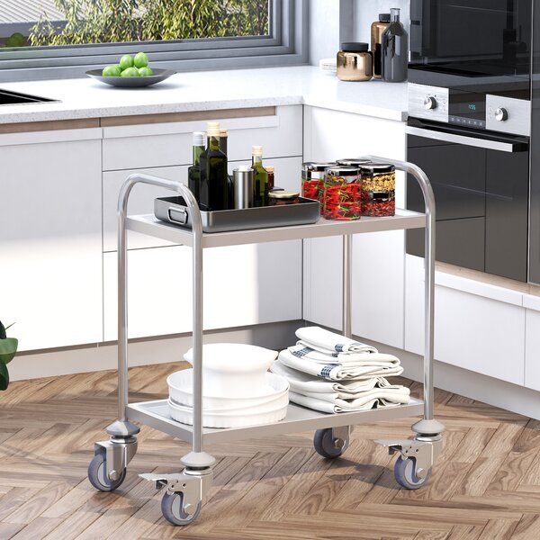 HOMCOM Carrello da Cucina 2 Ripiani con Ruote Carrollo Acciaio Inox 71x41x81cm, Argento|Aosom
