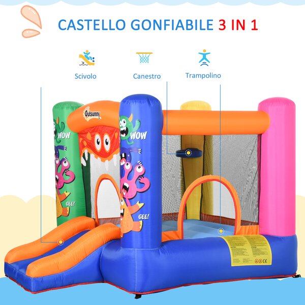 Outsunny Casa Gioco Gonfiabile Gigante per Bambini 3-8 anni Trampolino Rimbalzante Colorato con Scivolo e Canestro 250cmx180cmx175cm|Aosom
