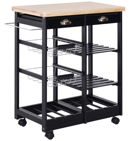 HOMCOM Carrello Cucina Portafrutta con Ruote Cassetti e Portabottiglie Salvaspazio in Legno MultifunzioneNero 74x37x76cm|Aosom