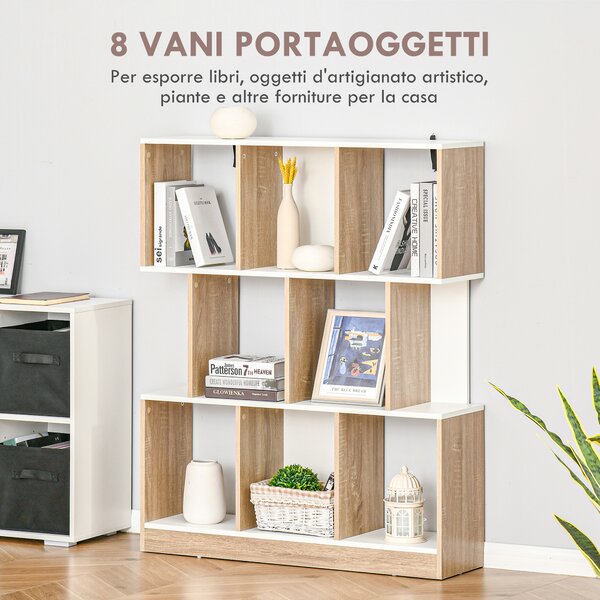 HOMCOM Libreria Moderna con 8 Scomparti in Legno, Bianca e Rovere, 100 x 30 x 124 cm