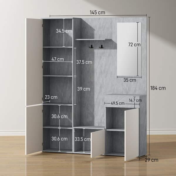 HOMCOM Mobile multiuso da Ingresso 4 in 1 con Specchio, Ganci e Ripiani Interni, in Legno e truciolato, 145x29x184 cm, Grigio e Bianco | Aosom Italy