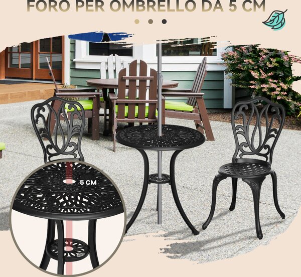 Outsunny Set da Bistrò da 3 Pezzi con 2 Sedie, Tavolino in Vetro con Foro per Ombrellone, per Balcone, Nero | Aosom Italy