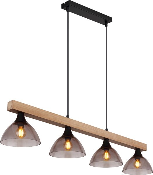 Lampada a sospensione Globo Lighting, struttura in metallo nero opaco, elementi in legno color naturale, vetro fumé, cavo in PVC nero, altezza regolabile, dimensioni: 960x170x1500 mm, esclusa lampadina: 4 x E14 15W 230V