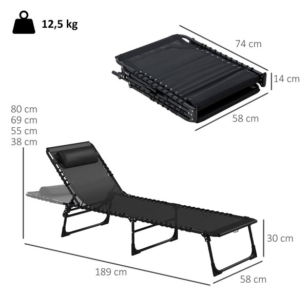 Outsunny Set 2 Lettini Prendisole in Acciaio con Schienale Reclinabile, 189x58x30 cm, Nero | Aosom Italy