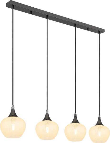 Lampada a sospensione Globo Lighting, struttura in metallo nero e cromato, vetro trasparente, cristalli in acrilico trasparente, cavo in PVC trasparente, altezza regolabile, dimensioni: 990x180x1200 mm, esclusa lampadina: 4 x E27, 40W, 230V