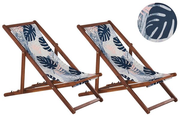 Set di 2 sedie a sdraio da giardino struttura legno acacia scuro con motivo a foglie di palma sedile reclinabile pieghevole con Tele di Sostituzione Beliani