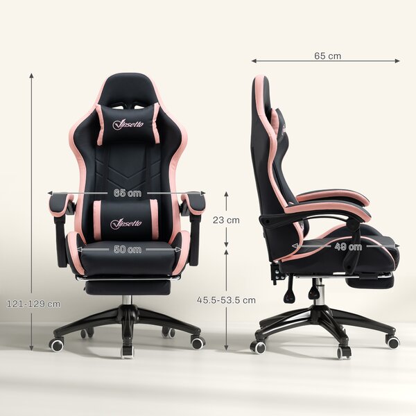 Vinsetto Sedia ergonomica da Gaming ad Altezza Regolabile con Poggiatesta e Poggiapiedi retrattile,reclinazione a 135° e leva a gas, Rosa e Nero| Aosom Italy
