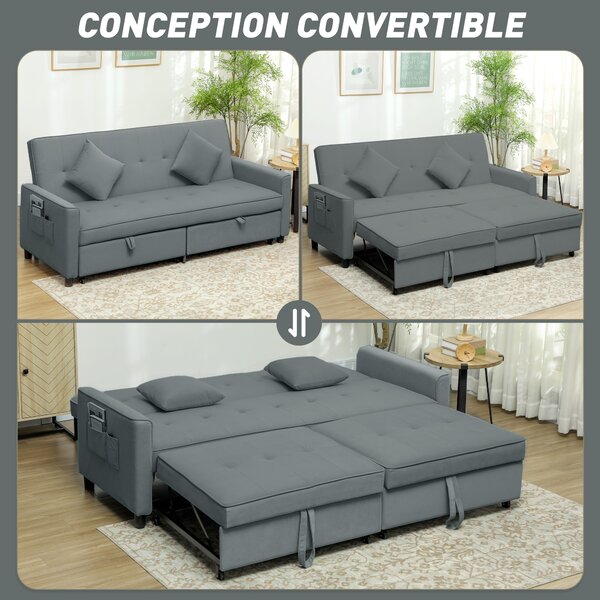 HOMCOM Divano Letto 3 Posti Clic Clac con Schienale Reclinabile e 2 Cuscini, 196x90x89 cm, Grigio