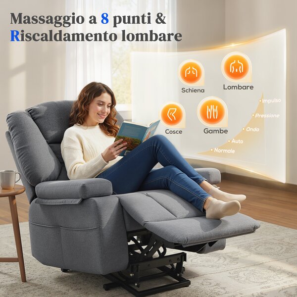 HOMCOM Poltrona Alzapersona Reclinabile con 8 Punti Massaggianti, in Tessuto Effetto Lino, 97x90x102 cm, Grigio