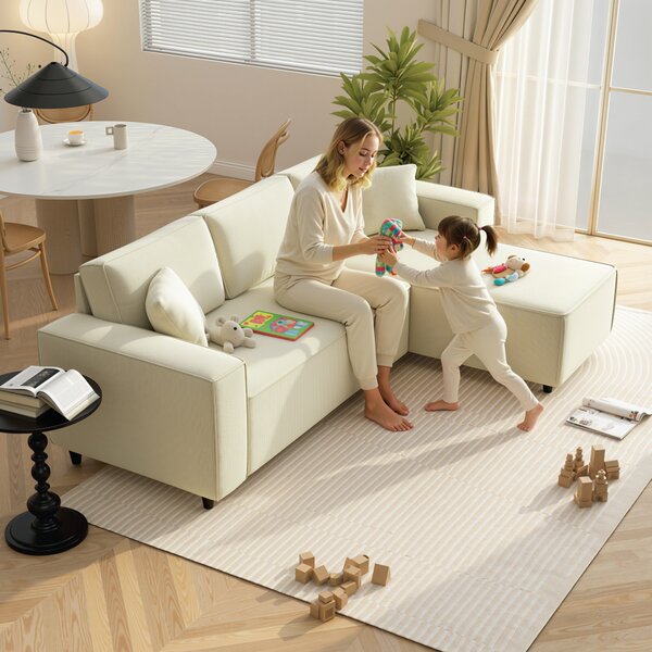 HOMCOM Divano con Penisola a 3 Posti in Tessuto Effetto Velluto, Schiuma e Nylon, 241x153x83 cm, Bianco Crema | Aosom Italy