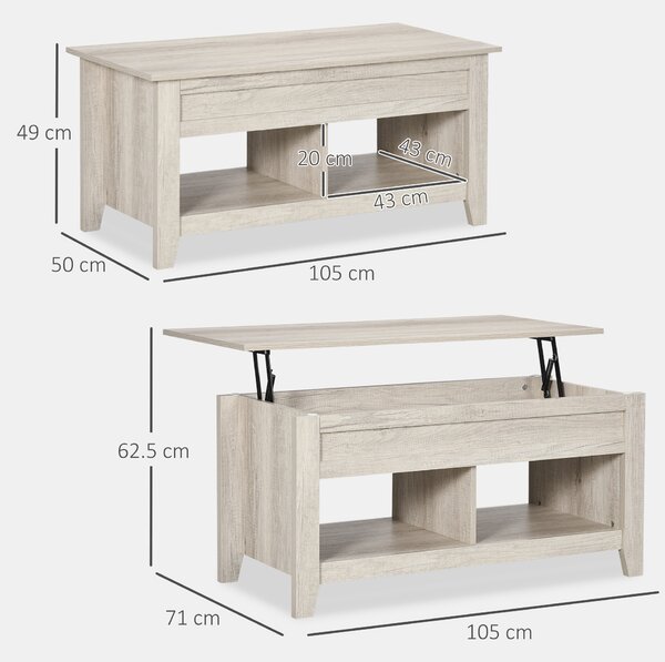 HOMCOM Tavolino rettangolare con piano sollevabile, 2 scomparti aperti, pannello truciolare 105 x 50 x 49 cm - rovere