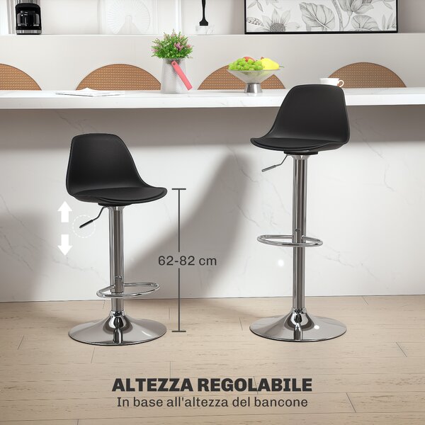 HOMCOM Set 2 Sgabelli da Bar con Schienale e Poggiapiedi, in PP, Pelle PU e Acciaio, 38x42x82-104 cm, Nero | Aosom Italy