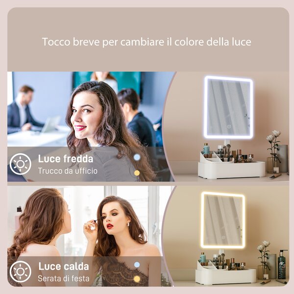 HOMCOM Specchio da Trucco con Luce Regolabile su 2 Livelli, Rotazione 180° e Organizer per Trucchi, Bianco | Aosom Italy