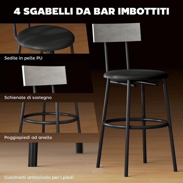 HOMCOM Set Tavolo Alto e 4 Sgabelli da Bar con Schienale e Poggiapiedi in Stile Industriale, Grigio Cemento | Aosom Italy