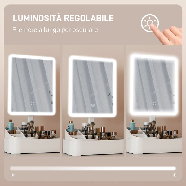 HOMCOM Specchio da Trucco con Luce Regolabile su 2 Livelli, Rotazione 180° e Organizer per Trucchi, Bianco | Aosom Italy