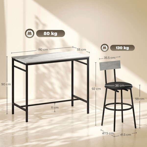 HOMCOM Set Tavolo Alto e 4 Sgabelli da Bar con Schienale e Poggiapiedi in Stile Industriale, Grigio Cemento | Aosom Italy
