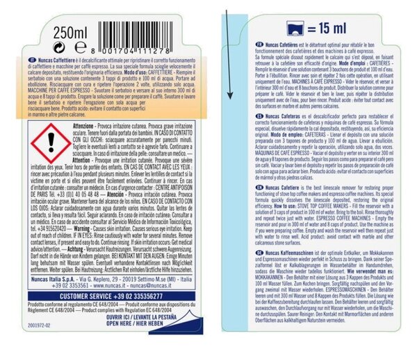 Nuncas Caffettiere Decalcificante Liquido 250ml Elimina il Calcare Non Lascia Residui
