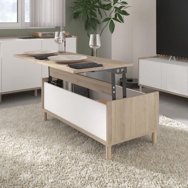 Tavolino rettangolare MORPHOS con funzione di sollevamento, altezza 100 x 50 x 43,6 cm - finitura rovere bianco