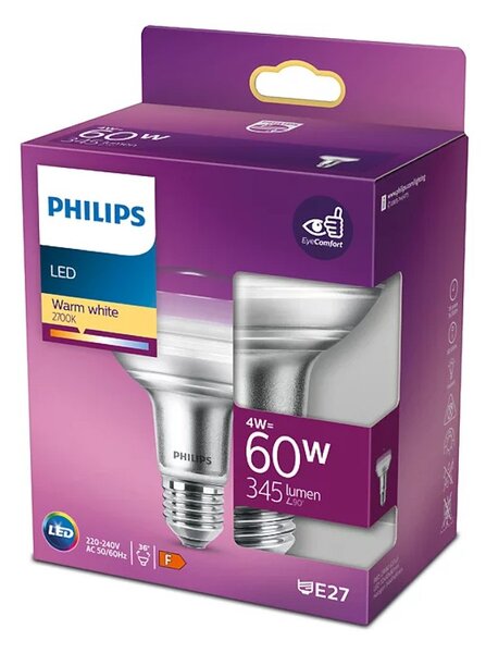 Philips Riflettore LED R80 4W E27 220-240V 2700K 345lm 90° Equivalente 60W