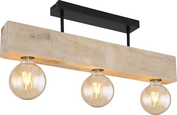 Lampada a sospensione Globo, corpo in metallo nero opaco e legno naturale, dimensioni: 600x60x190 mm, esclusa lampadina: 3 x E27, 60W, 230V