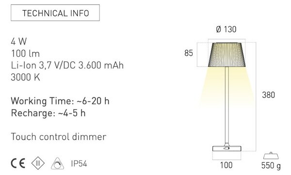 Century MRGCO-043830 Margò Corten Lampada Tavolo Diffusore Plissettato Led 4W 200lm 3000K Dimmer Ricaricabile