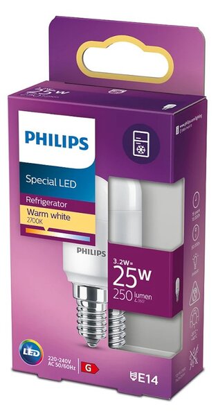 Philips LED Candela per Frigoriferi 3,2W E14 230V T25 250lm 2700K Equivalente 25W