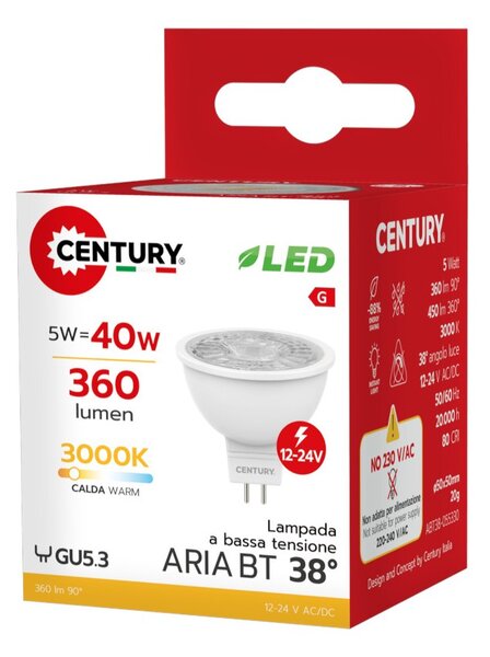 Century ABT38-055330 Aria BT Spot GU5.3 5W 38° Led 360lm 3000K 12V Equivalente 40w