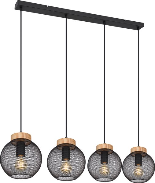 Lampada a sospensione Globo Lighting, struttura in metallo nero opaco, elementi in legno marrone e intreccio metallico nero opaco, cavo in PVC nero, altezza regolabile, dimensioni: 950x200x1200 mm, esclusa lampadina: 4 x E27, 40W, 230V